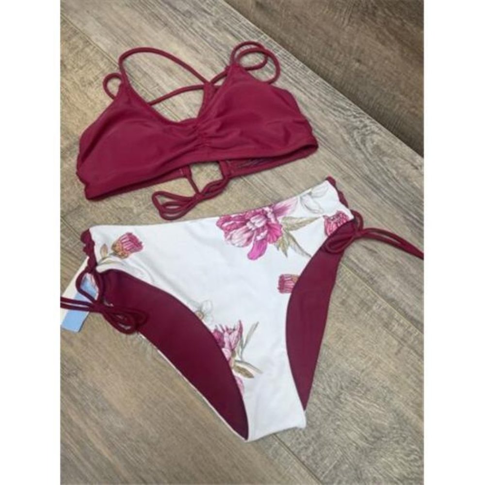 Reversible Bottom Bikini Sets Swimsuit Women Navy Floral Lace Two Pieces  S